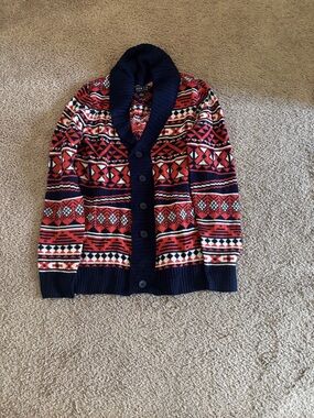 Men's Shawl Collar Cardigan Sweater - Red & Navy Fair Isle